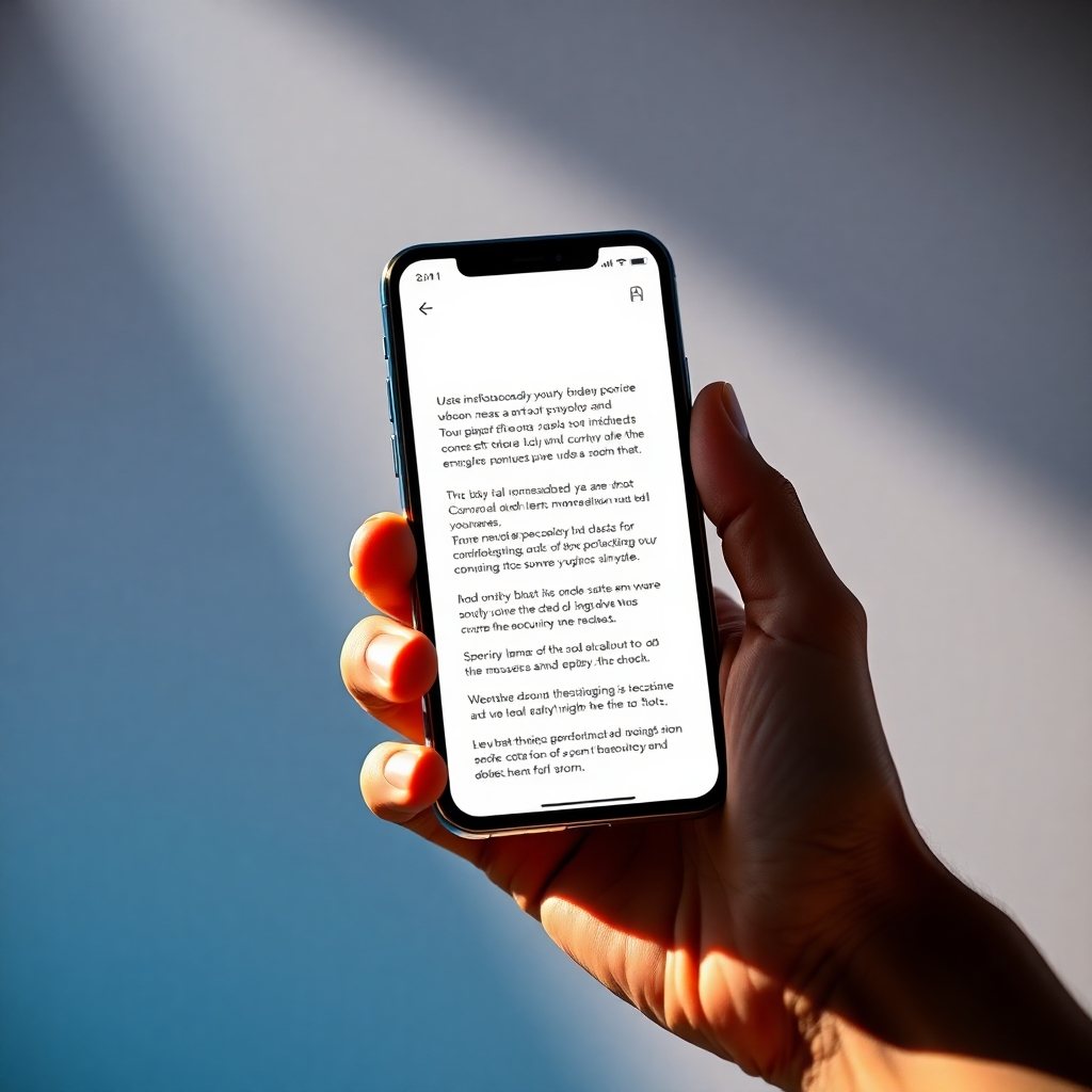 A photorealistic image, 8K resolution, hyperrealistic detail, of a hand holding a smartphone displaying a website landing page. The text on the website should be crisp and elegant, showcasing clear and engaging copy. The color palette is vibrant but professional, using warm earth tones and accented by cool blues. Dramatic side lighting casts a subtle shadow on the hand holding the phone, enhancing visual interest.  The background is softly blurred, creating a focus on the smartphone and its display.  The camera angle is close-up, capturing the details of the website text and the phone’s screen texture. The overall mood is professional, confident, and inviting, suggesting high conversion rates for the displayed website's content. The image style should be inspired by the work of Peter Lindbergh, capturing the emotion and impact of the compelling website copy. The texture of the phone should be highly detailed and reflect the light realistically.