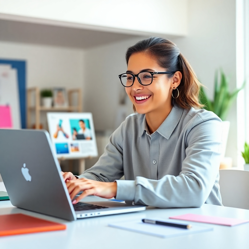 A photorealistic image of a person smiling and looking creatively inspired while using a sleek, modern AI website design tool on a laptop, surrounded by vibrant color palettes and design elements. The background should be a minimalist, bright workspace with natural light.